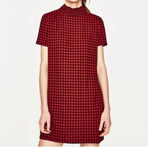 Zara red checked mini jacquard dress turtleneck dress slip on dress women size s